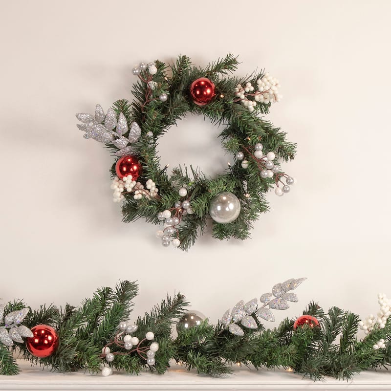 9' Pre-Lit Decorated Green Pine Artificial Christmas Garland Warm White LED Lights
