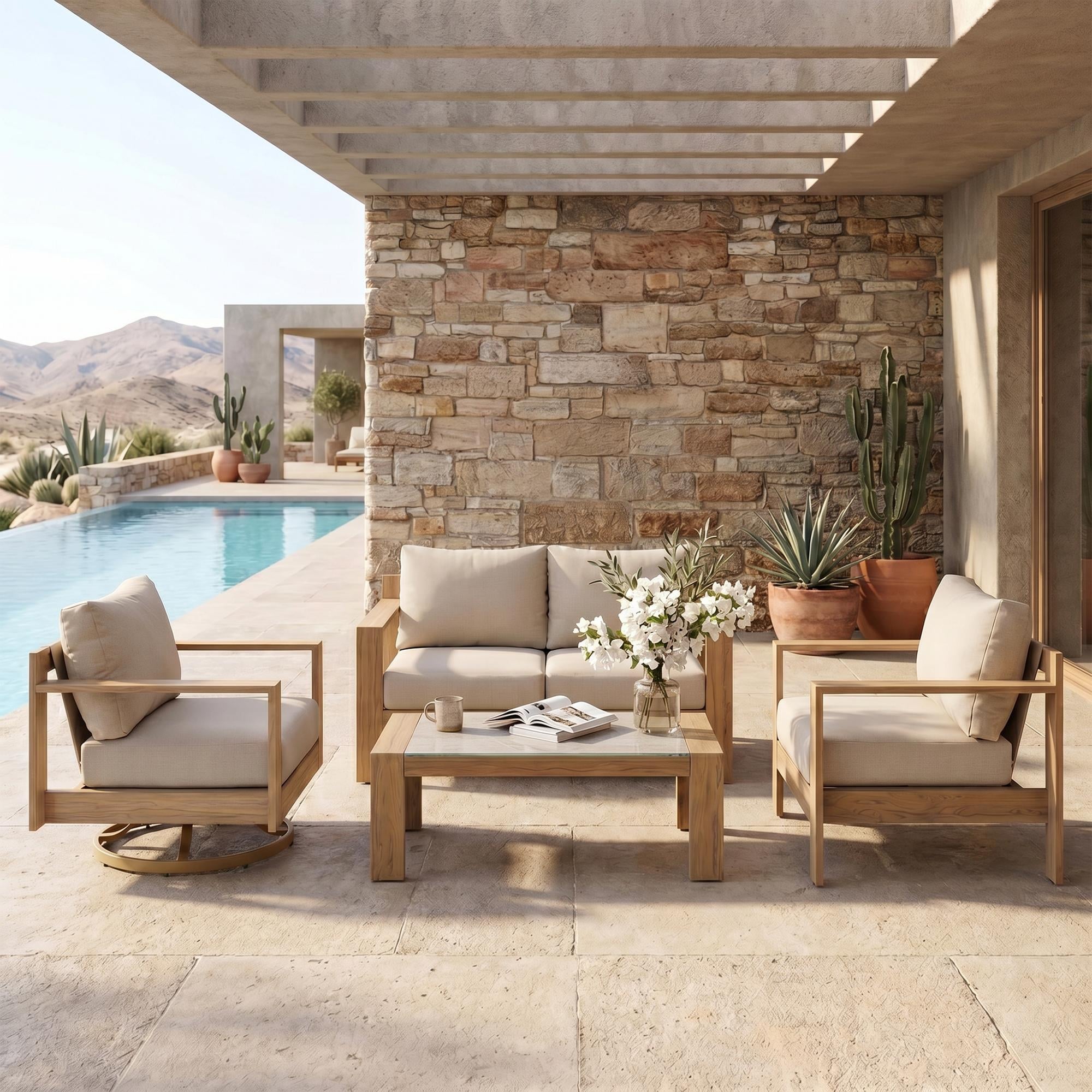 4-Piece Outdoor Conversation Set, Faux Wood Aluminum Frame Patio Furniture Set with Loveseat, 360 Swivel Chair,Armchair