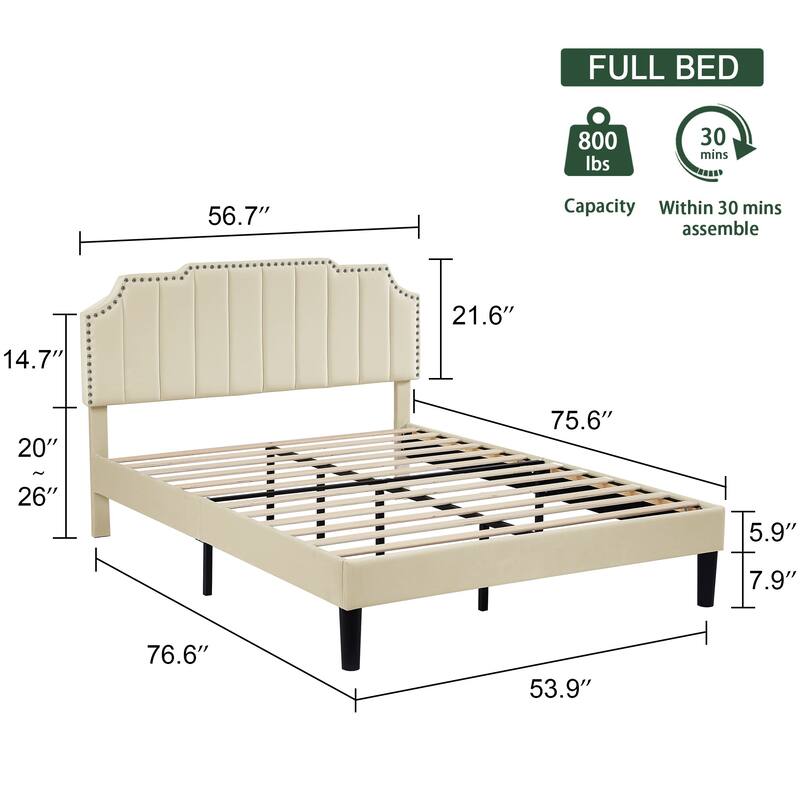 VECELO Upholstered Bed Frame with Nailhead Trim Adjustable Height Headboard, Twin/Full/Queen Size Bedframes