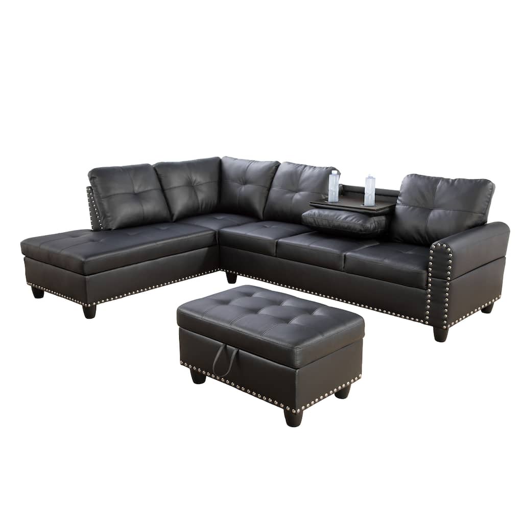Black Faux Leather Synthetic Leather 3-Piece Sofa Set