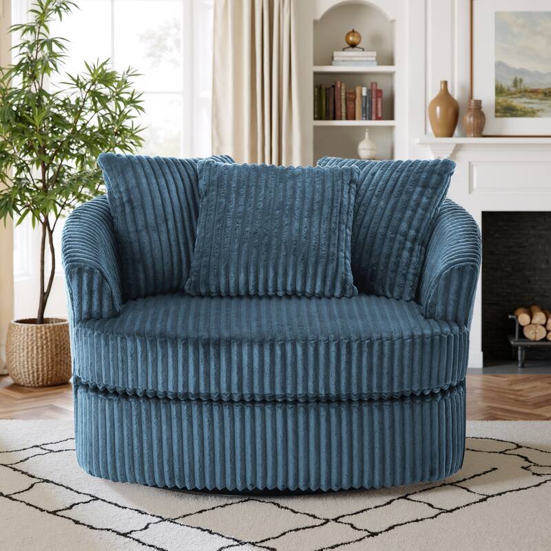 Oversized 43" W Plush Corduroy Swivel Barrel Chair with Pillows - Blue