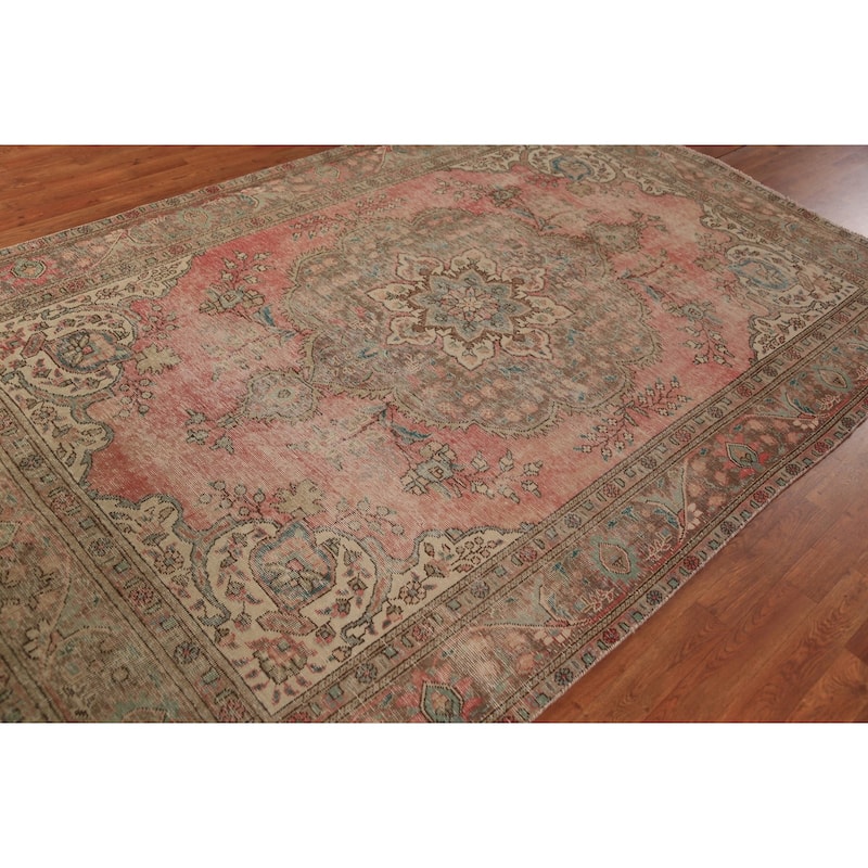 Pink Tabriz Persian Vintage Area Rug Handmade Wool Carpet - 6'3" x 9'5"