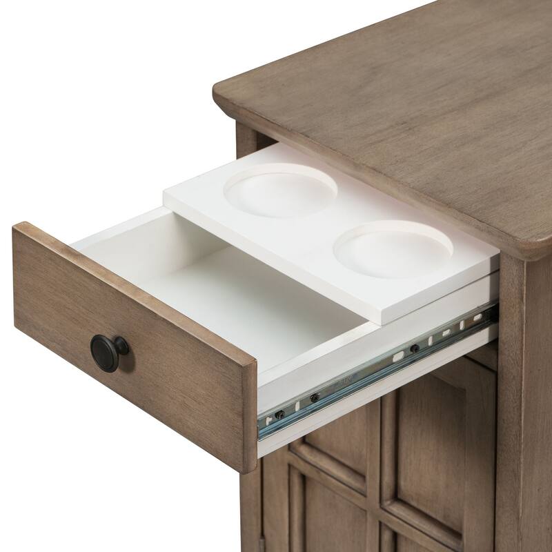 14" Vintage Rectangular Solid Wood End Table with USB Ports and One Multifunctional Drawer