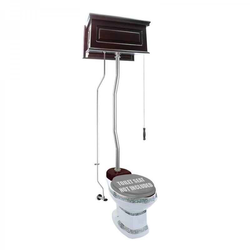 High Tank Pull Chain Toilet Dark Oak Wooden Raised Tank 59" to 74" Chrome Z Pipe and Elongated White Bowl Renovators Supply