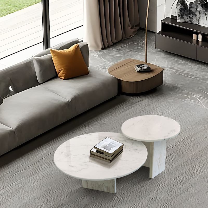Roomfitters Marble Coffee Table Set, Round Living Room Tables, Solid Stone Modern Accent Table Set, Genuine Marble