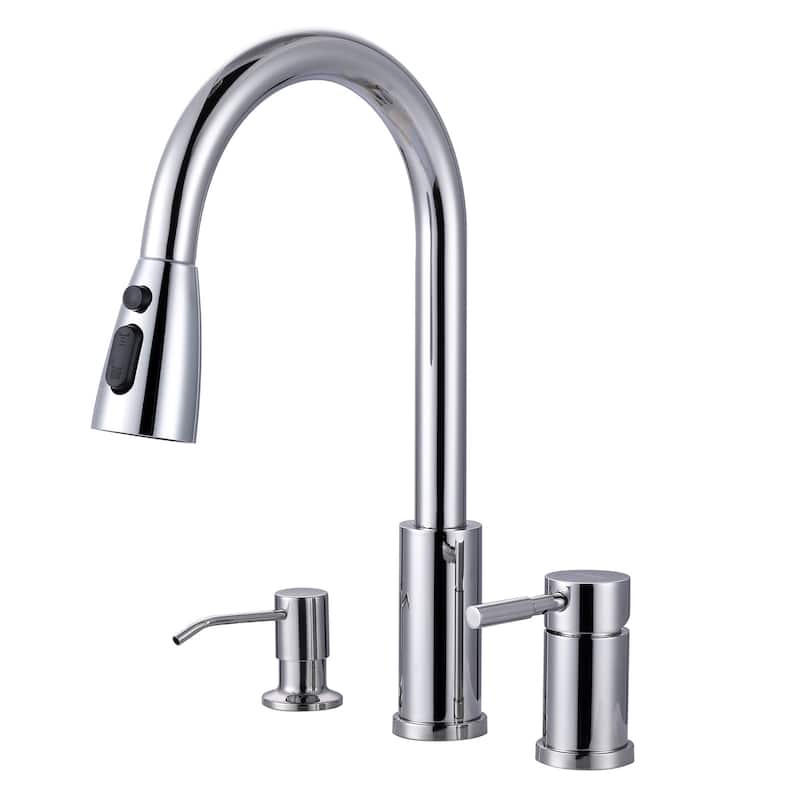 WOWOW Single Handle Pull Down Kitchen Faucet with Soap Dispenser - Polished Chrome