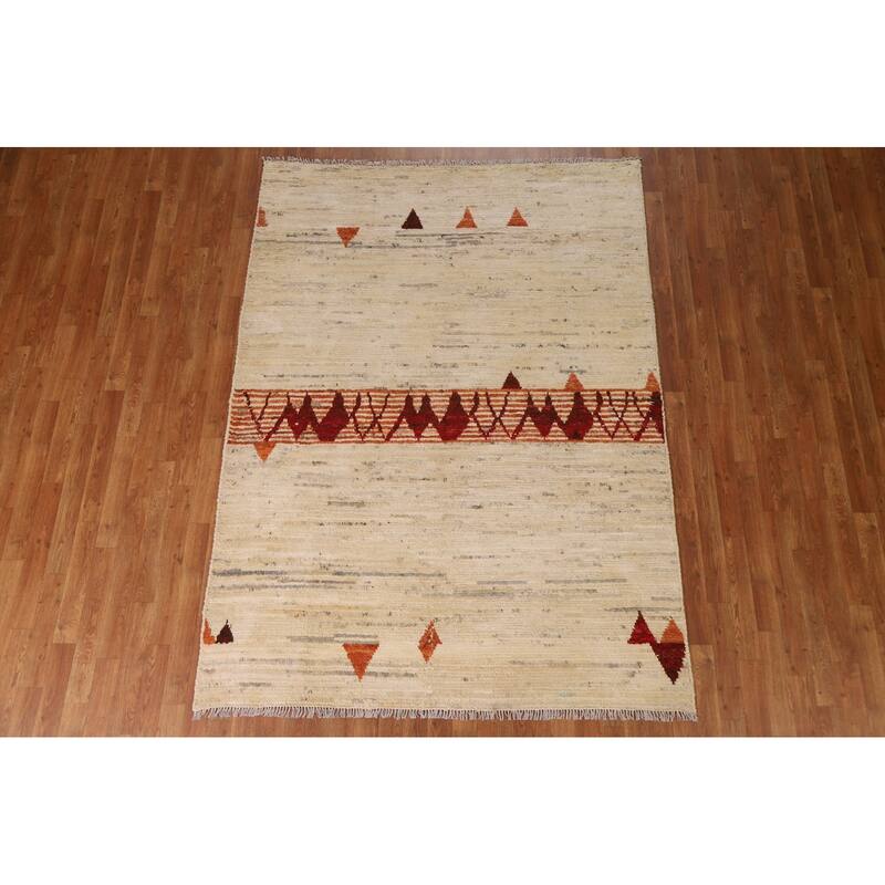 Hand Knotted Oriental 100% Wool Carpet Modern Tribal Beige & Ivories Moroccan Area Rug - 7' 10'' X 5' 8''
