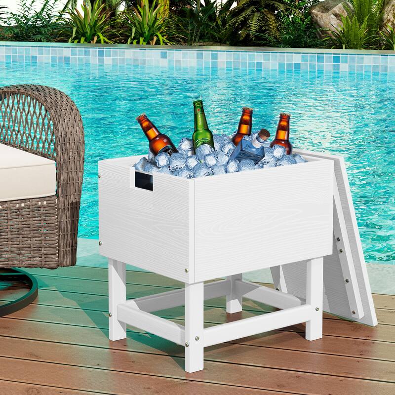 Outdoor Patio Weather Resistant HDPE Coffee & Side Table, Build-in Stainless Steel Cooler Bucket