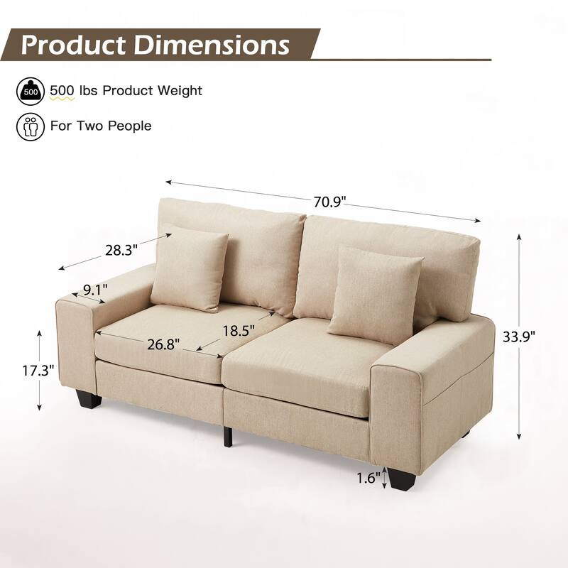 Modern double sofa for small spaces with storage, 2 soft cushions