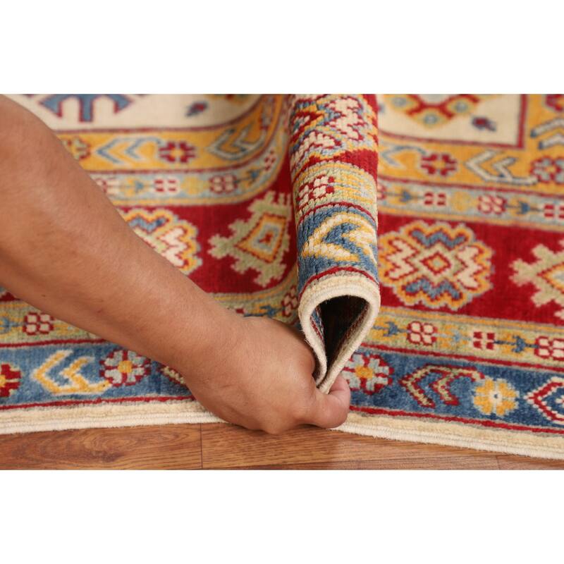 Geometric Kazak Oriental Area Rug Hand-Knotted Grey Wool Carpet - 4'10" x 6'5"