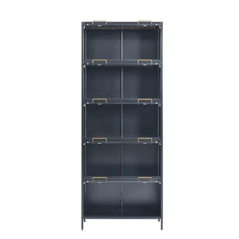 76.75"Iron Display Cabinet with Glass Doors,5-Tier Steel Barister Bookcase with LED Lights,Modern Curio Cabinet for Living Room