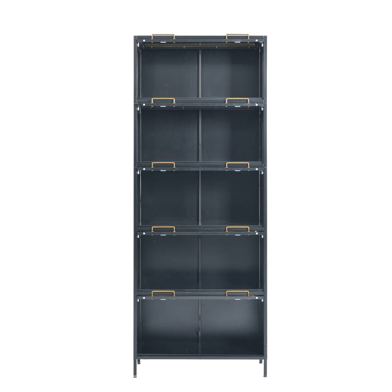 78.75"Tall Iron Display Cabinet with Glass Doors, 5-Tier Steel Barister Bookcase with LED Lights for Collectibles