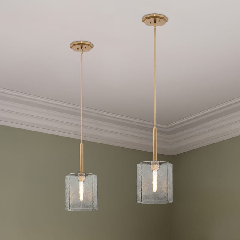 Haven 60 Watt 1-Light Old Satin Brass Geometric Pendant Light with Clear Rippled Glass Shade - 22