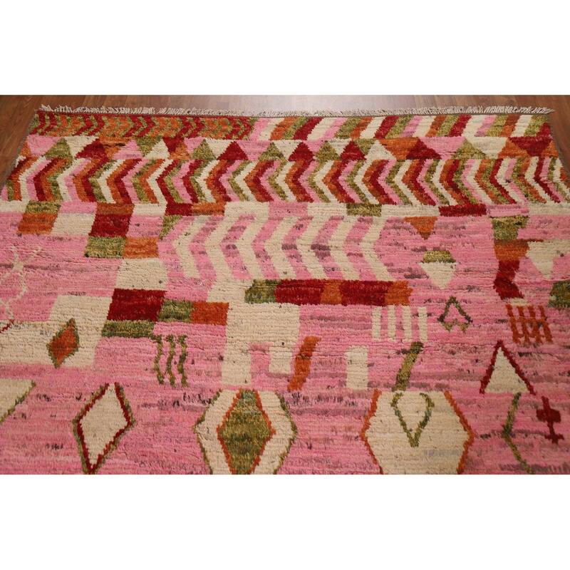 Hand Knotted Oriental 100% Wool Carpet Modern Tribal Pink Moroccan Area Rug - 9' 10'' X 6' 5''