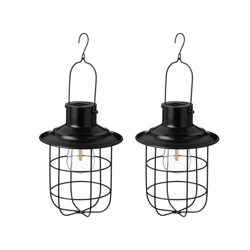 Glitzhome Set of 2 Metal Wire Solar Powered Outdoor Hanging Lantern