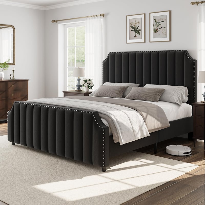 Velvet Upholstered Bed Frame with Headboard and Footboard - Black - Queen