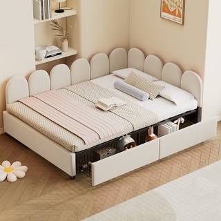 Beige Full Size Velvet Platform Bed Daybed with 2 Drawers