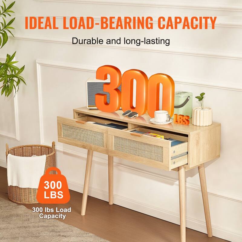 Rattan Console Table with Drawers & Sliding Door for Entryway, Natural - 39.37 × 11.81 × 29.33 in