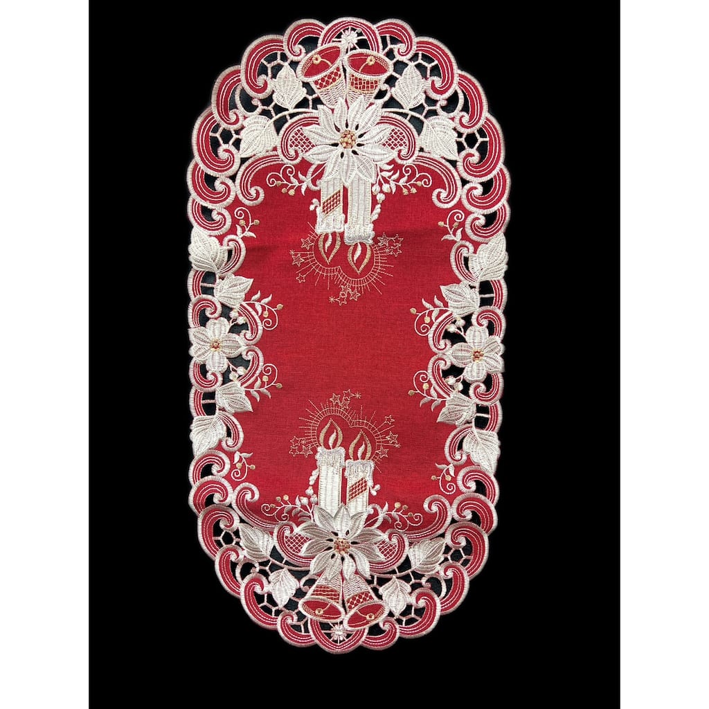 Poinsettia Embroidered Cutwork Rectangular Table Runner, 13 by 27 inch