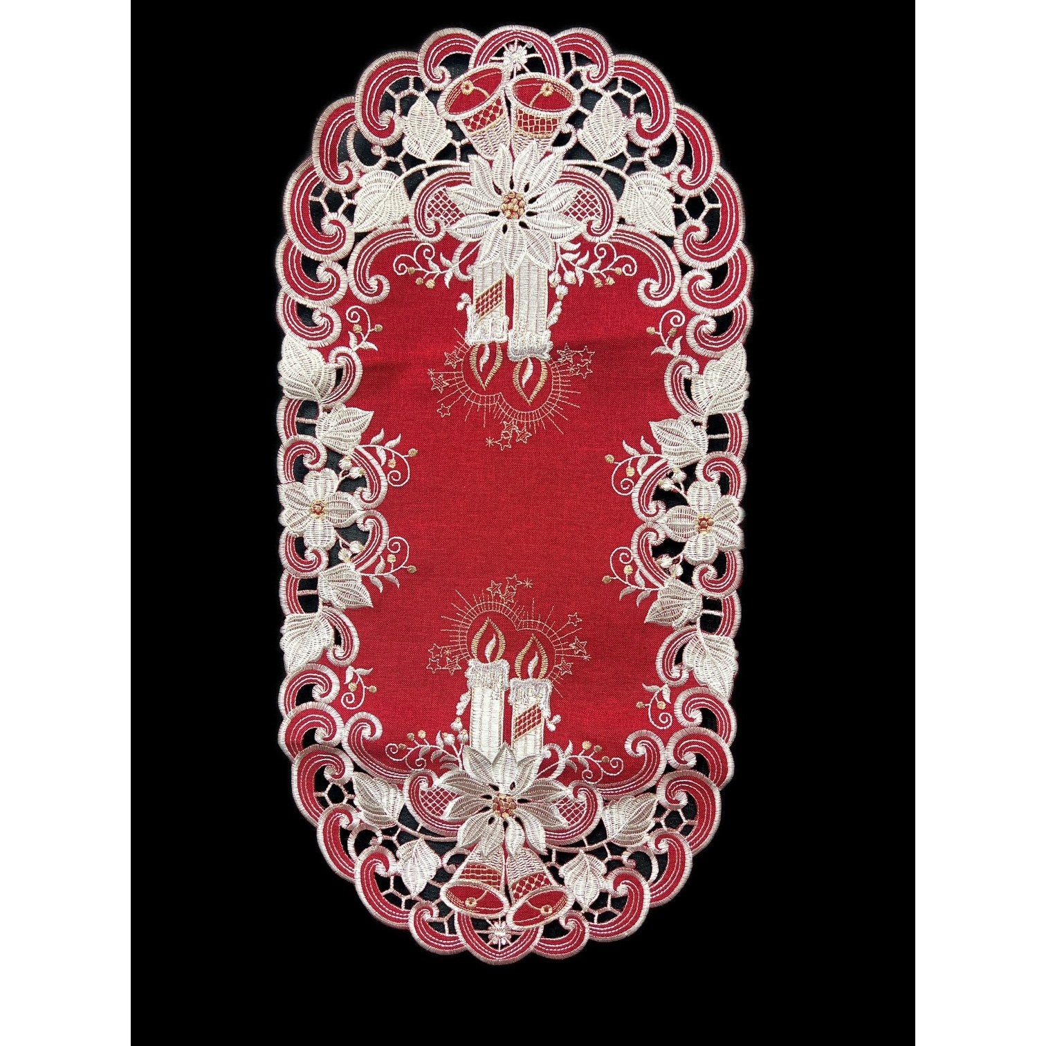 Poinsettia Embroidered Cutwork Rectangular Table Runner, 15 by 70 inch