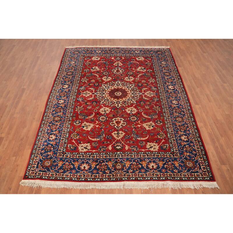 Hand Knotted Oriental 100% Wool Carpet Traditional Floral Red Isfahan Area Rug - 9' 9'' X 7' 6''