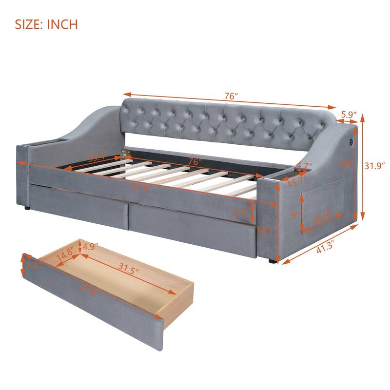 Twin Size Daybed with Button Backrest and 2 Drawers, Skin-friendly Velvet Upholstered Daybed with USB Port and Storage Armrests