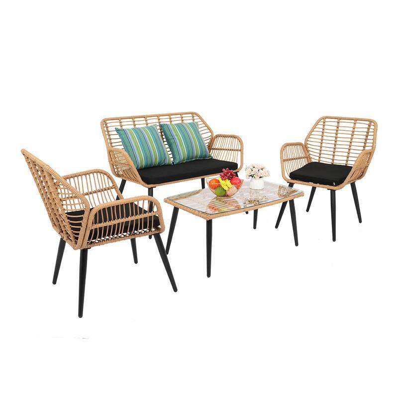 Patio 4-Piece PE Rattan Conversation Set with Black Cushions