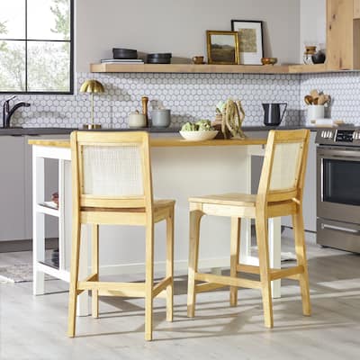 Transitional Solid Wood and Rattan Counter Stool, Set of 2, Natural
