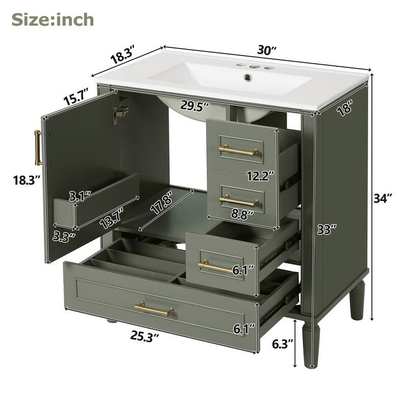 Traditional 30" Bathroom Vanity with Ceramic Sink, Freestanding Bathroom Vanity Cabinet with 3 Drawers and 1 Soft Close Door