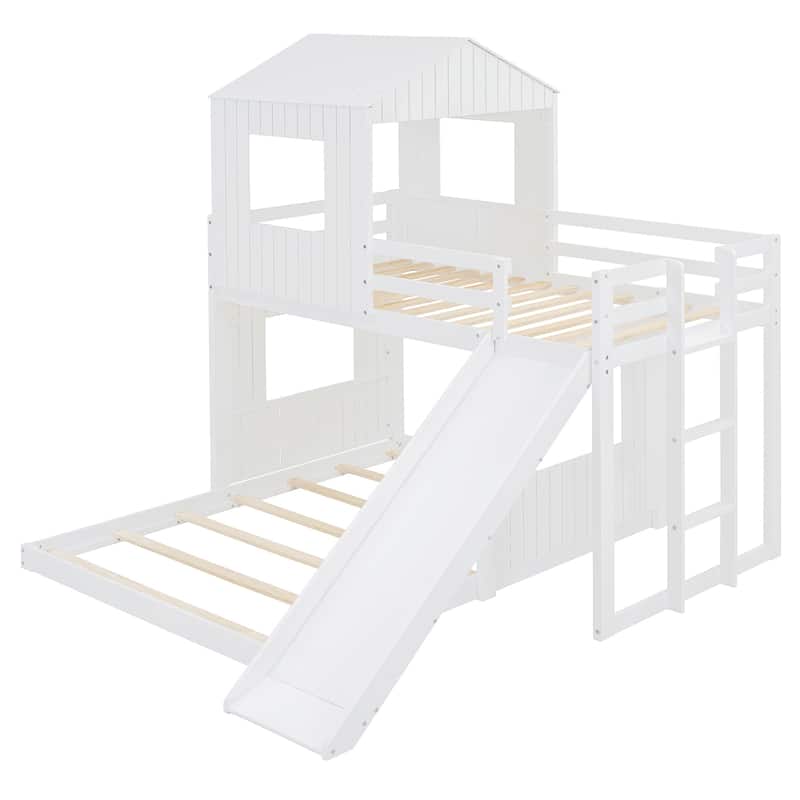 Playhouse Twin Over Full Bunk Bed with Windows and Slide, Solid Pine Wood Frame