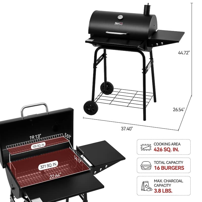 Royal Gourmet CC1624 Barrel Charcoal Grill with Side & Front Shelves