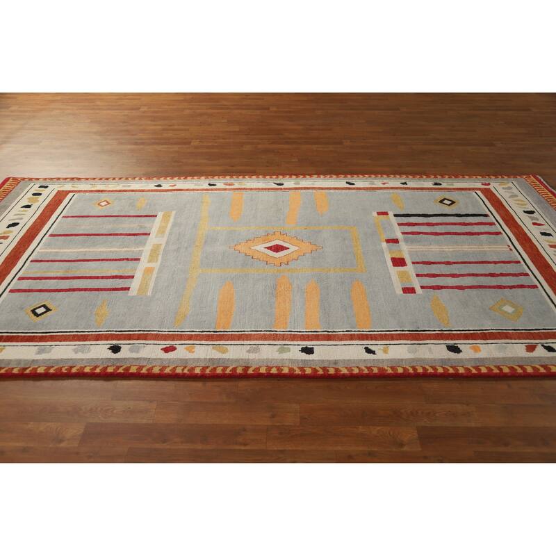 Hand Knotted Oriental 100% Wool Carpet Modern Geometric Greys & Charcoal Gabbeh Area Rug - 10' 0'' X 4' 11''
