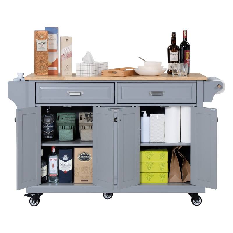 Kitchen Island with Rubber wood Countertop, Kitchen Cart on 5 Wheels with Storage Cabinet and 2 Top Drawers