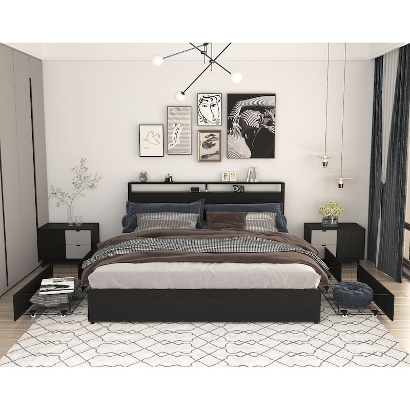 King Bed Frame with Storage Headboard, Charging Station, LED Lights, Easy Assembly - Black