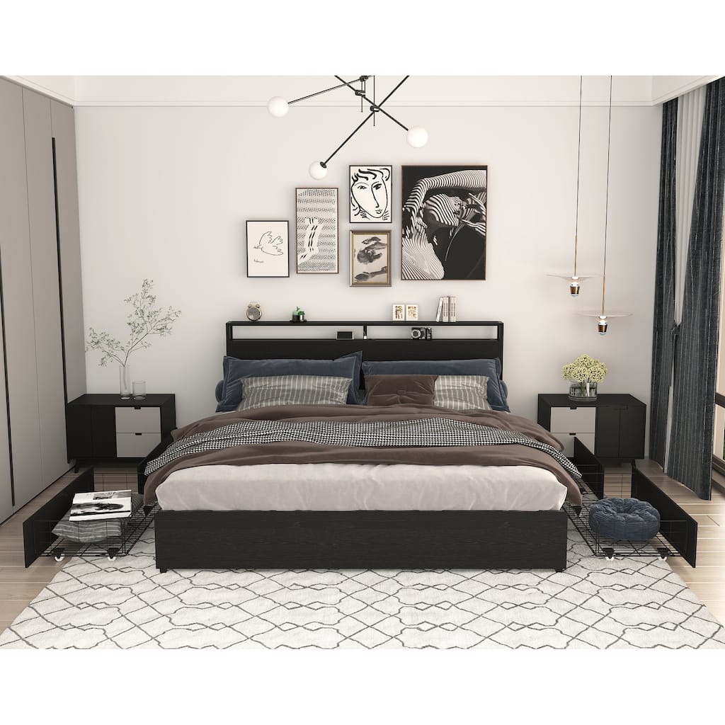 King Bed Frame with Storage Headboard, Charging Station, LED Lights, Easy Assembly