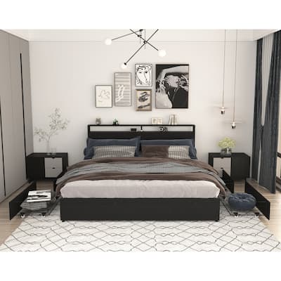 King Bed Frame with Storage Headboard & Charging Station - Solid, Noise-Free Design, No Box Spring Needed