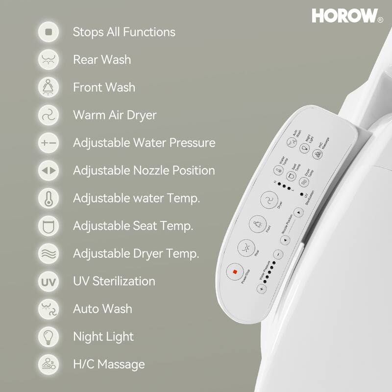 HOROW Electric Heated Bidet Seat for Elongated Toilet with Contemporary Lid in. White