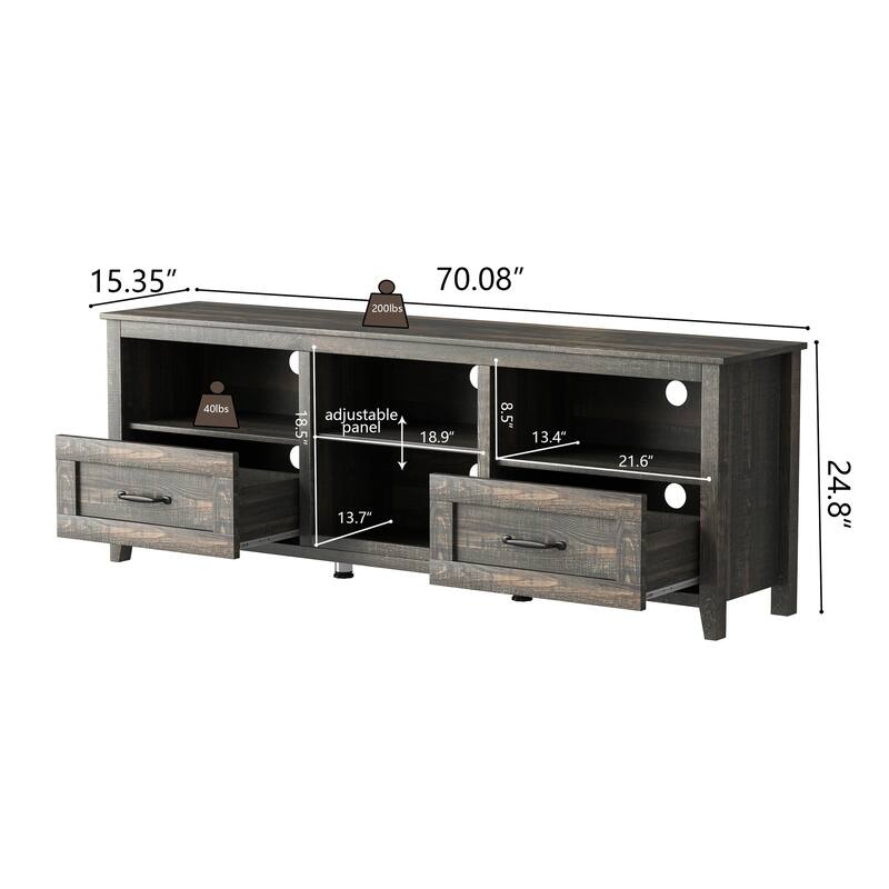 Modern 70" TV Console with Open Shelves and Removable Storage Drawers, Media Cabinet for TVs up to 60 Inches