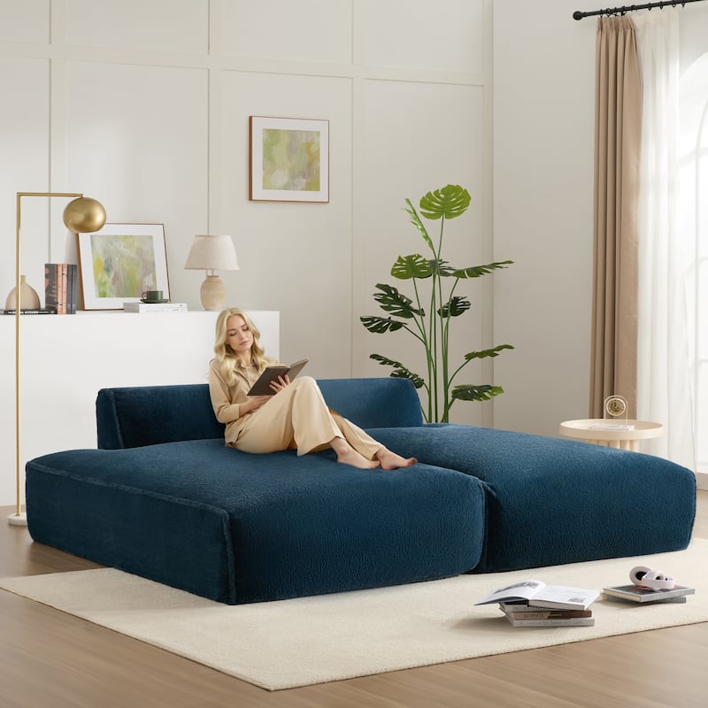 Fabric Sleeper Sectional Sofa Double Chaise Lounge Daybed - Dark Blue