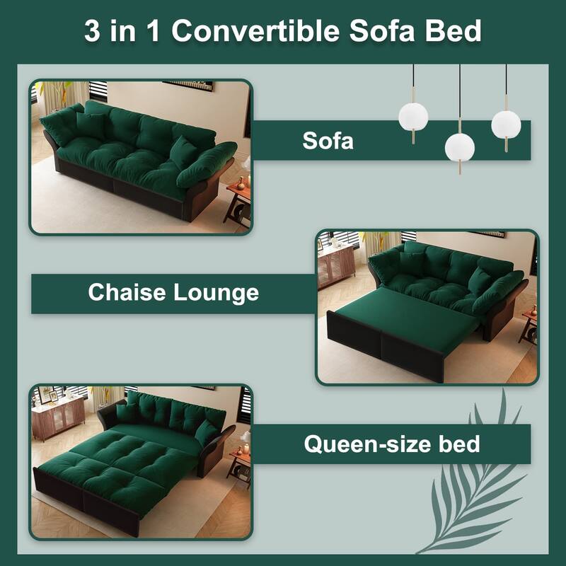 74.8" Queen Pull Out Sofa Bed, 3-in-1 Convertible Sleeper Tufted Sofa with 2 Soft Pillows,Multi-Functional Velvet Loveseat Bed