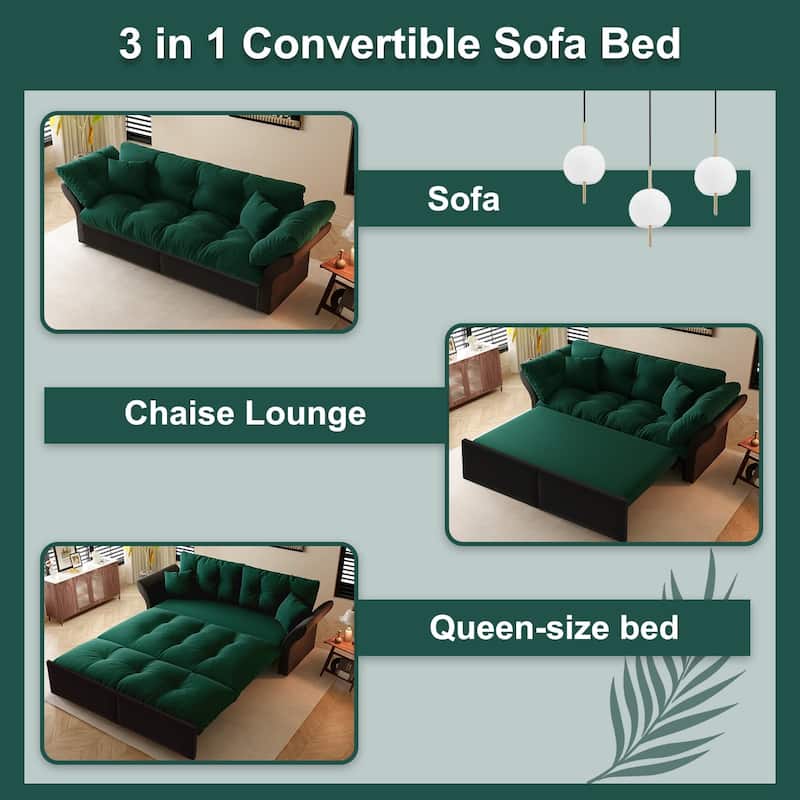 Queen Pull Out Sofa Bed, 3-in-1 Convertible Sleeper Tufted Sofa with 2 Soft Pillows, Velvet Loveseat Bed