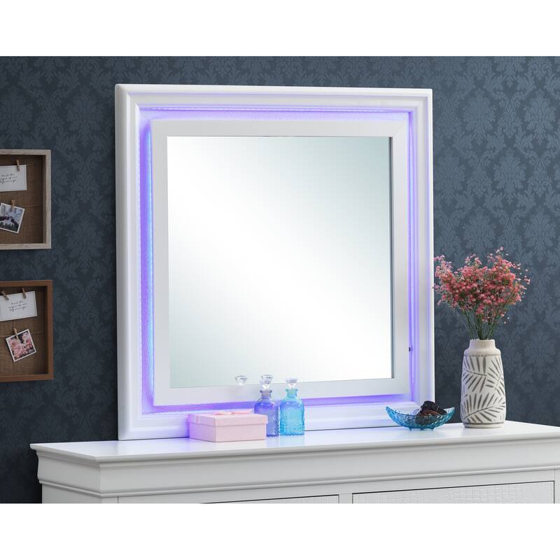 GDF Studio - Lorana Contemporary Mirror with LED Accent and Croc Texture - Champagne (Purple Light)