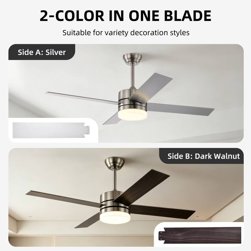 Brushed Nickel 52 in. 6-Speed Integrated LED Indoor 4-Blade Ceiling Fan with Light Kit and Remote Control