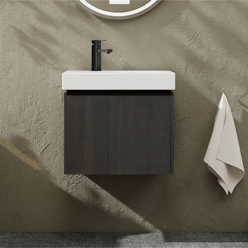 24 in. W x 14 in. D x 21 in. H Single Sink Wall Mounted Bath Vanity with White Ceramic Top - 24" x 14" - Black