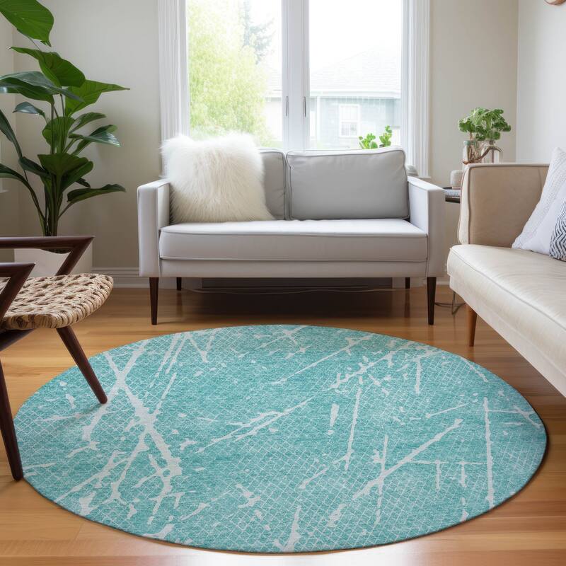 Machine Washable Indoor/ Outdoor Chantille Contemporary Crackle Rug - Teal - 8' x 8'