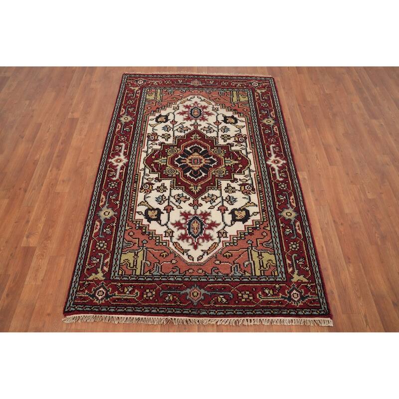 Hand Knotted Oriental 100% Wool Carpet Traditional Medallion Beige & Ivories Heriz (serapi) Area Rug - 6' 1'' X 4' 0''