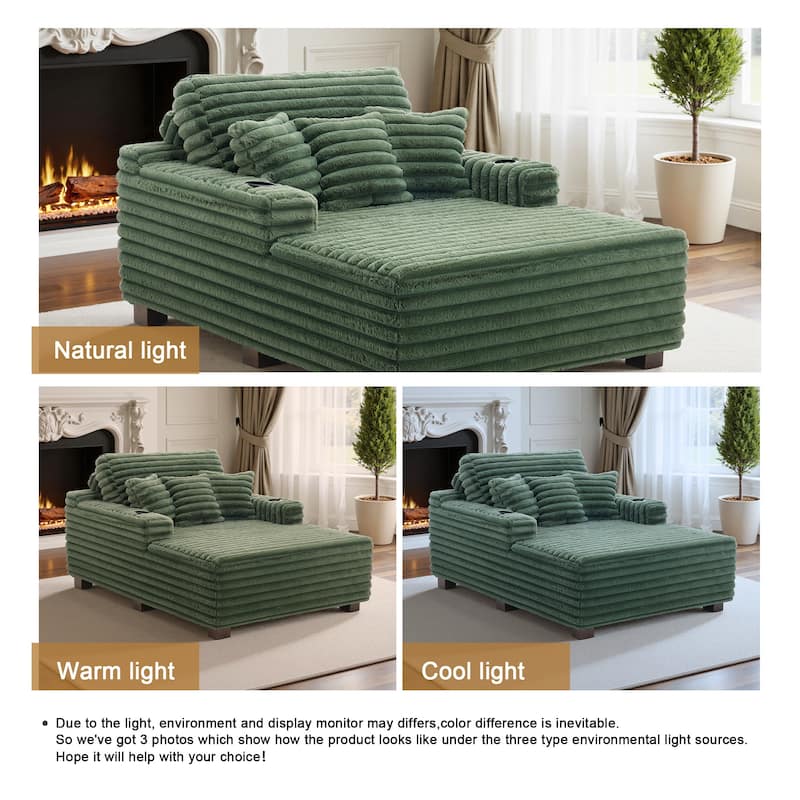 Indoor Oversized Plush Chaise Lounge with Pillows and Cup Holder