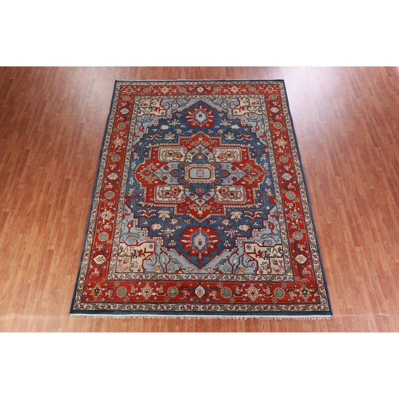 Geometric Blue Heriz Serapi Oriental Area Rug Hand-Knotted Wool Carpet - 9'0" x 12'0"