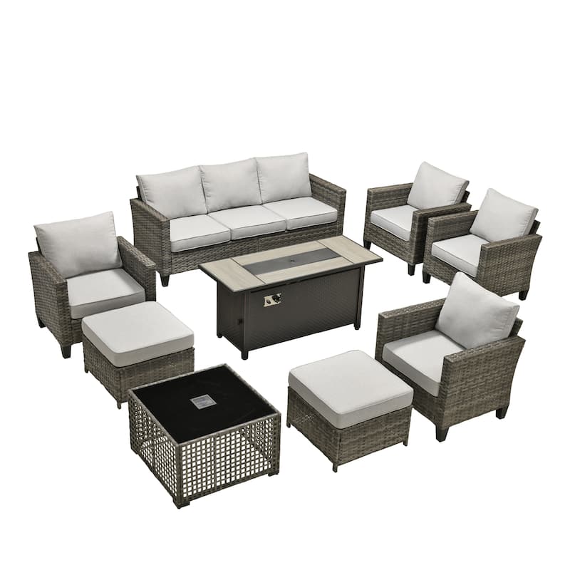 OVIOS 9 Pieces Patio Furniture Set with Solar-Powered Table & 54" Fire Table