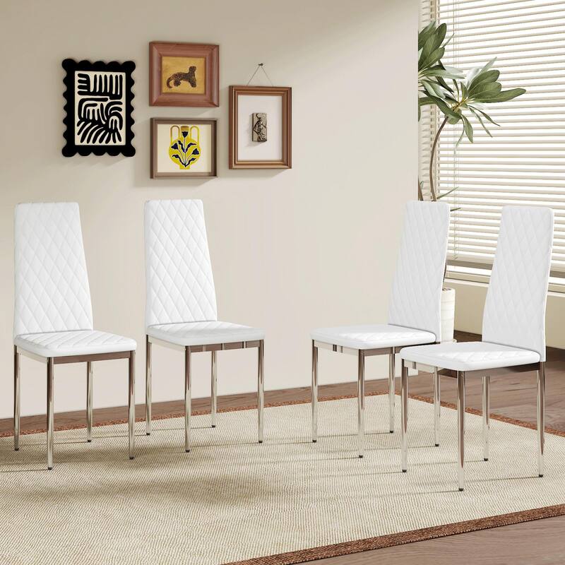 Elegant Modern Dining Chairs: PU Seats & Silver Metal Legs – Perfect for Minimalist Homes & Versatile Settings. - Set of 4 - White